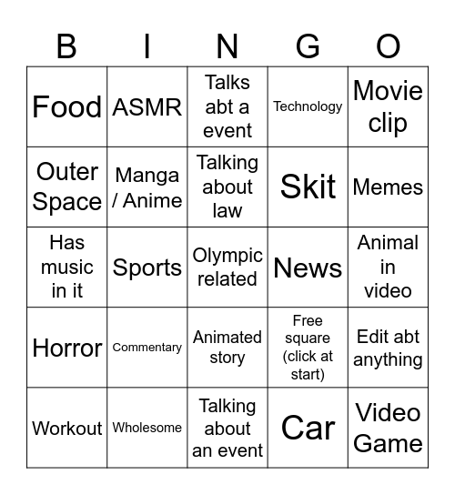 YouTube Shorts Bingo Card