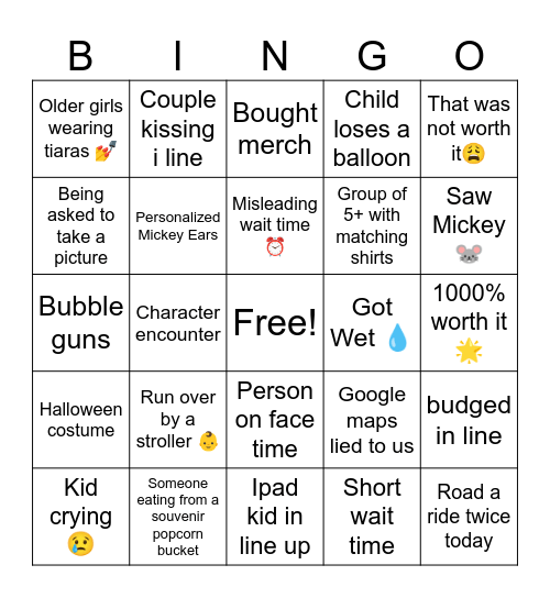 Disneyland Bingo Card