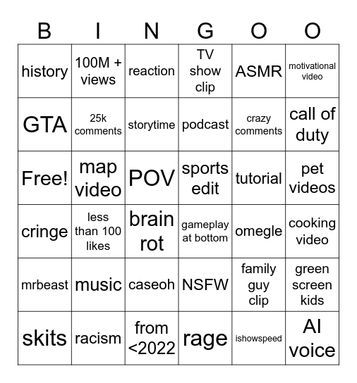 YT shorts bingo card Bingo Card