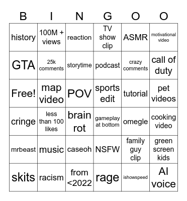YT shorts bingo card Bingo Card