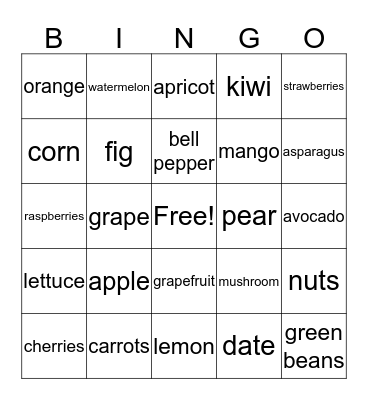 Fruits and Vegetables Bingo Card
