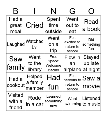 Welcome Back BINGO Card