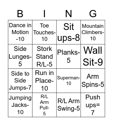 Fitness Bingo Card