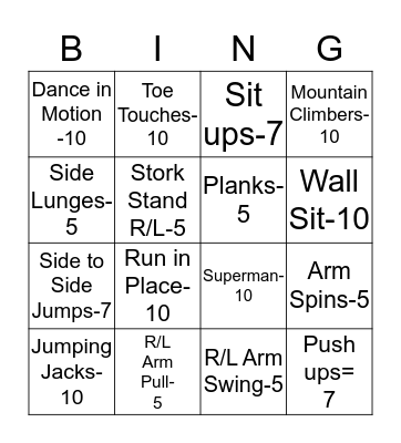 Fitness Bingo Card