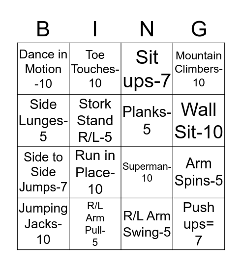 Fitness Bingo Card