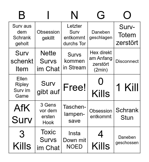 Dead by Daylight Killer Bingo Card