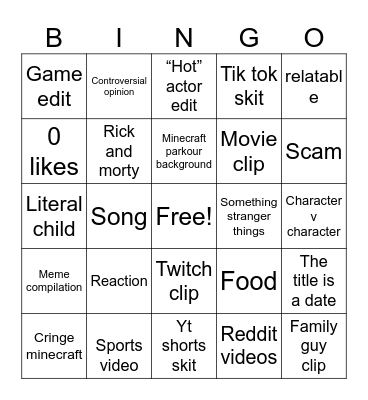 YouTube shorts Bingo Card