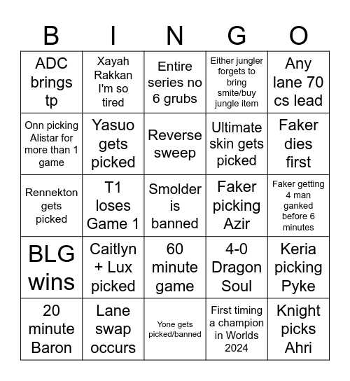 BLG Vs T1 Bingo Card