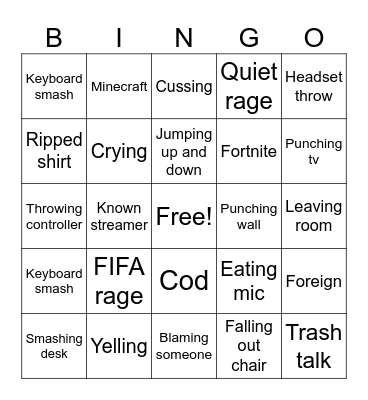 Gamer rage Bingo Card