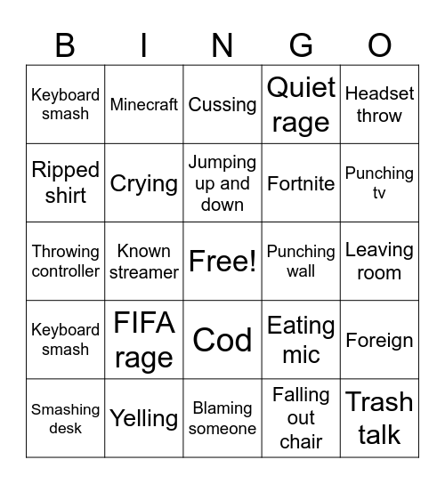 Gamer rage Bingo Card