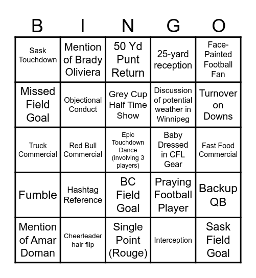 CFL WESTERN FINAL 2024 Bingo Card