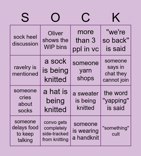 Sock Cult Bingo Card