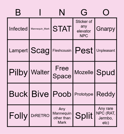 Regretevator npc bingo Card