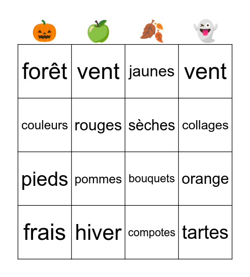 la dictée de l'automne Bingo Card