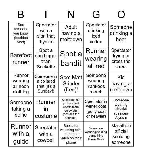 Marathon Bingo Cup 2024 Bingo Card