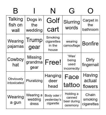 White Trash Wedding Bingo Card