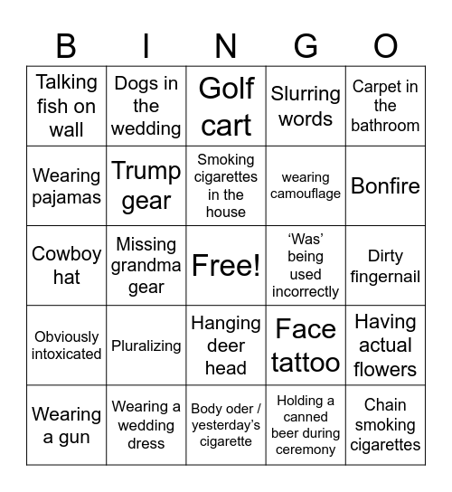 White Trash Wedding Bingo Card