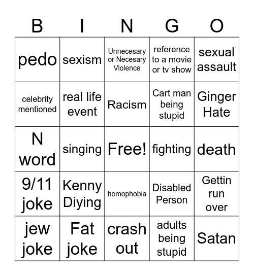 South Park Bingo Card