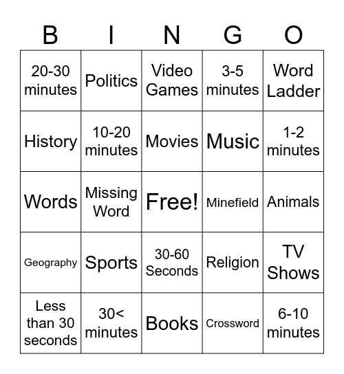 RANDOM SPORCLE BINGO Card