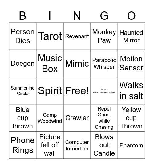 Phasmophobia Bingo Card