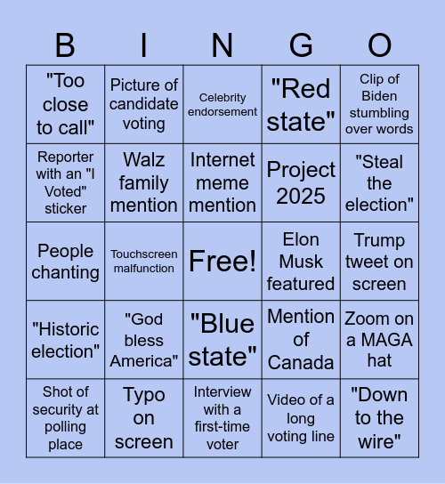 2024 Election Night Bingo Card