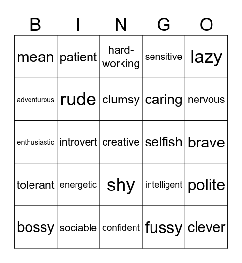 Personality adjectives Bingo Card