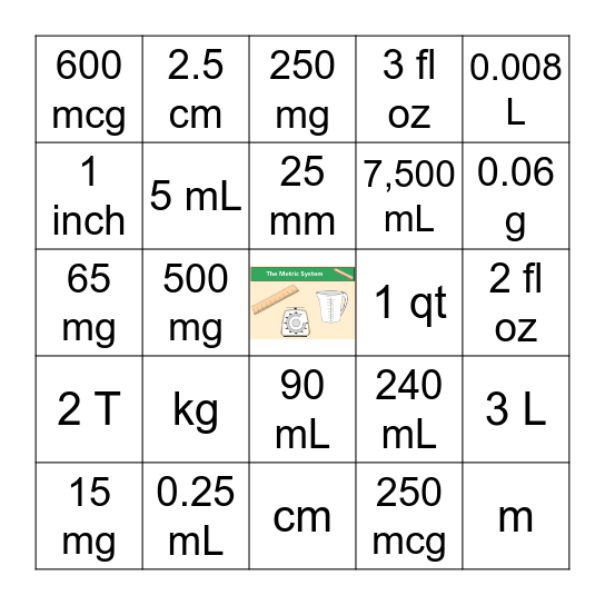 Conversion: Metric & Household Bingo Card