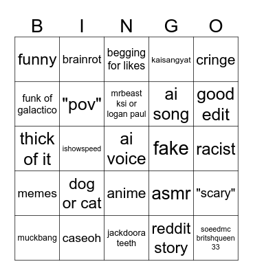 youtube short bingo Card
