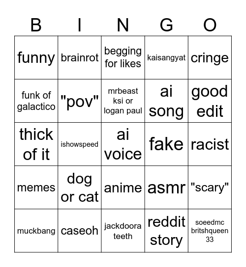 youtube short bingo Card