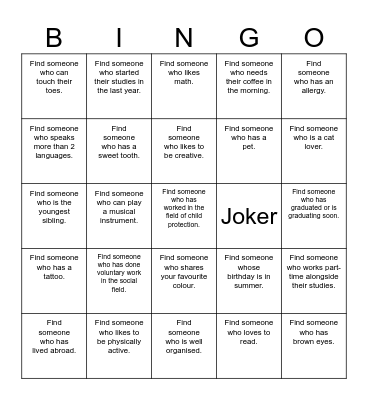 Get to know each other Bingo Card