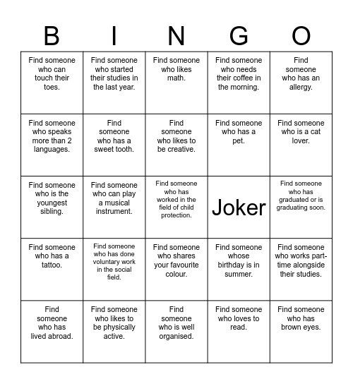 Get to know each other Bingo Card