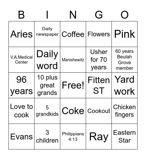 Grannie Bingo Card