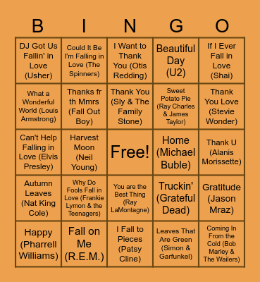 Fall Music Bingo Card