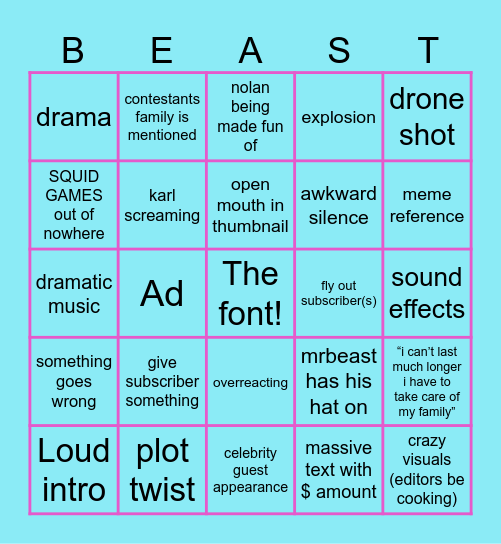 Mr Beast Bingo Card