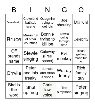 Family guy Bingo Card