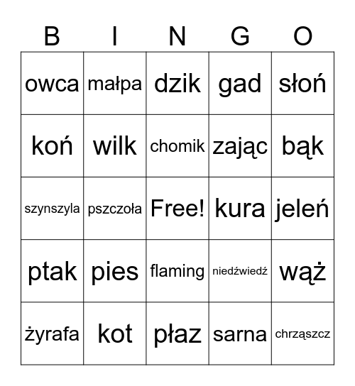 Zwierzęta Bingo Card
