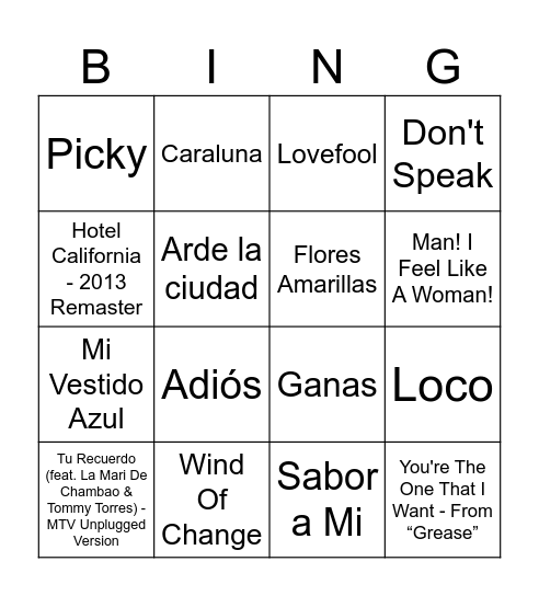 Bingo Musical Bingo Card
