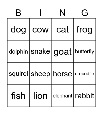 animals Bingo Card