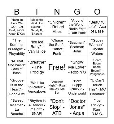 90s Club Hits Round #1 Bingo Card