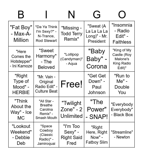 90s Club Hits Round #3 Bingo Card