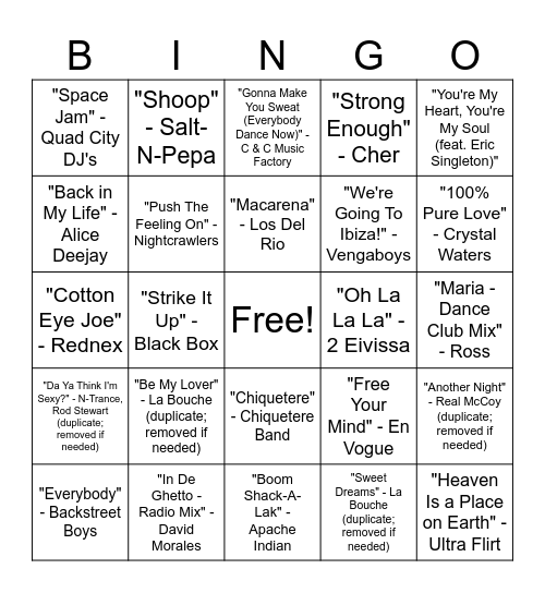 90s Club Hits Round #4 Bingo Card