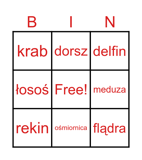 Zwierzęta morskie Bingo Card