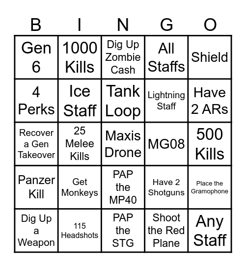 Zombies Origins Bingo Card