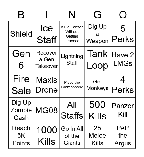 Zombies Origins Bingo Card