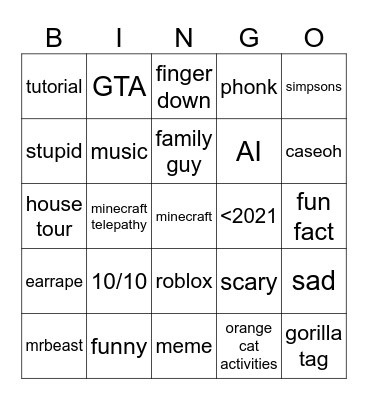 youtube short bingo Card