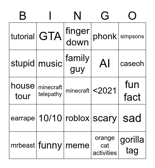 youtube short bingo Card