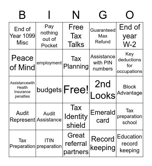 H & R Block Products  Bingo Card