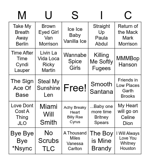 Throw Backs Bingo Card