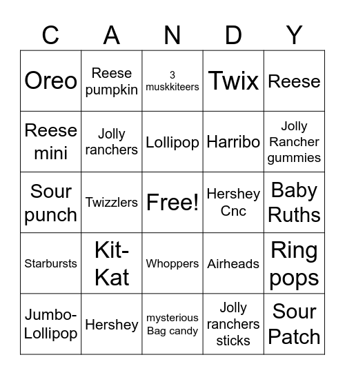 Halloween Candy Bingo Card