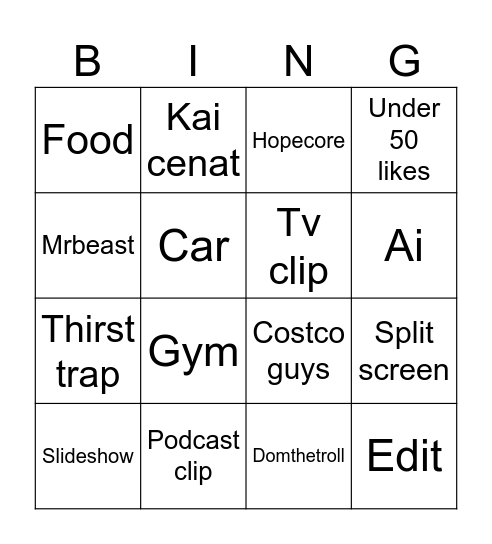 Tiktok Bingo Card